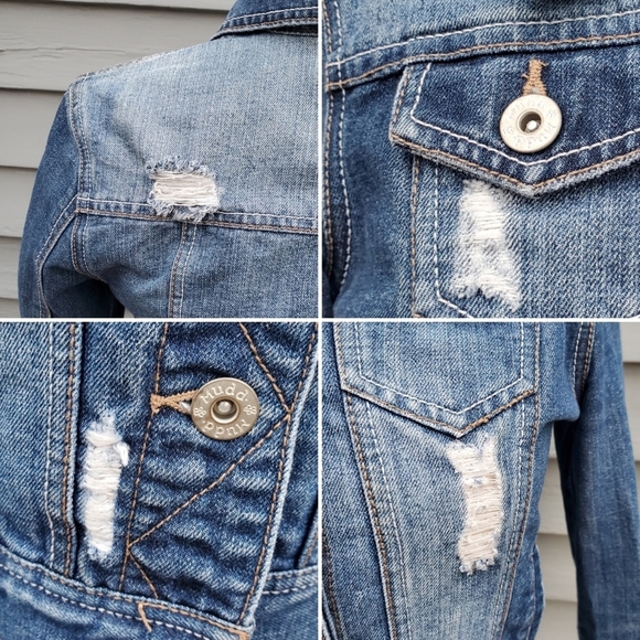 Vintage 90s y2k Mudd Brats Blue Jean Distressed Faded Denim Trucker Jacket Md - Picture 3 of 7